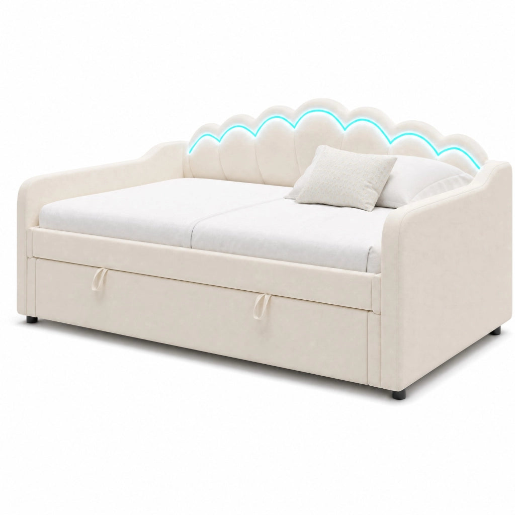 Divano letto singolo 90x200 cm in velluto con contenitore idraulico e LED, beige