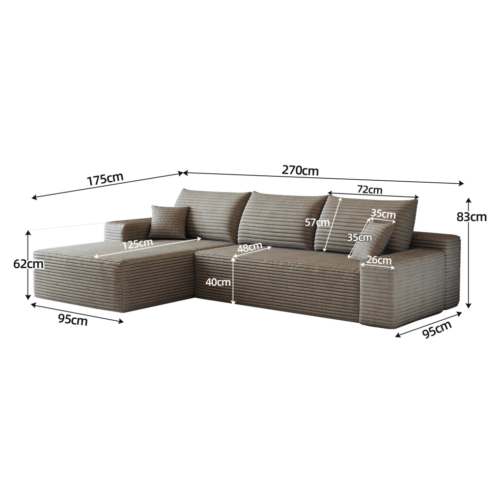 Divano angolare modulare con chaise longue e seduta profonda senza montaggio, in tessuto e schiuma, cammello