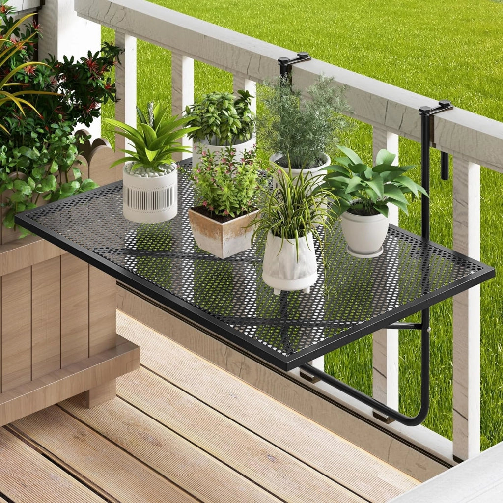 Tavolo da Balcone Appeso, Tavolo Pieghevole per Ringhiere fino a 6 cm di Spessore, Tavolino Salvaspazio per Ringhiere Esterne con Telaio in Metallo per Patio, Portico, Terrazza, Nero