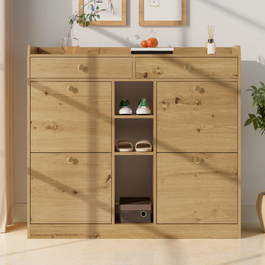 Mobile Scarpiera con 4 Ante a Ribalta; 2 Cassetti e 3 Vani Aperti; Stile Minimalista; in Pannello Truciolare; 110×26×100 cm; Naturale