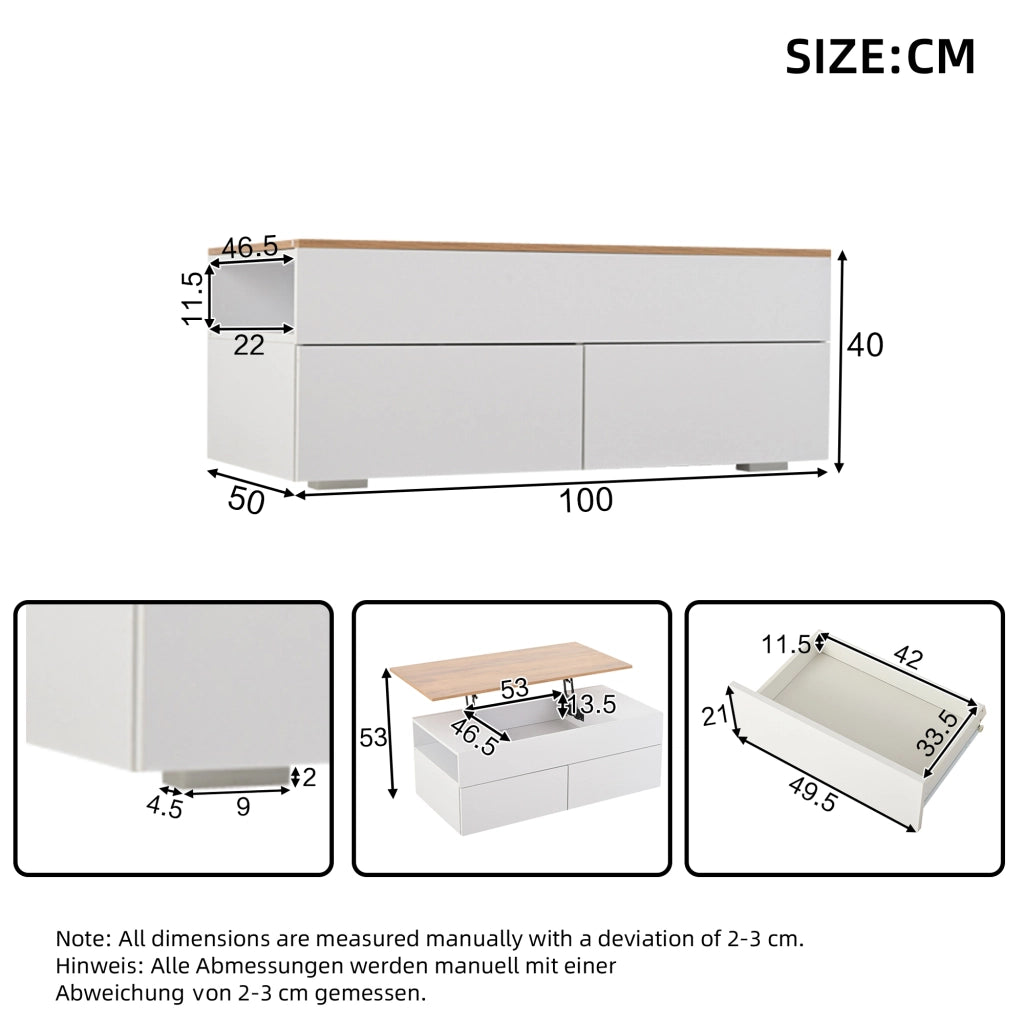 OKWISH Tavolino da Caffè Alzabile con 2 Cassetti e Vani Semiaperti, per Soggiorno, in Pannello di Particelle, Bianco, 100×50×40 cm
