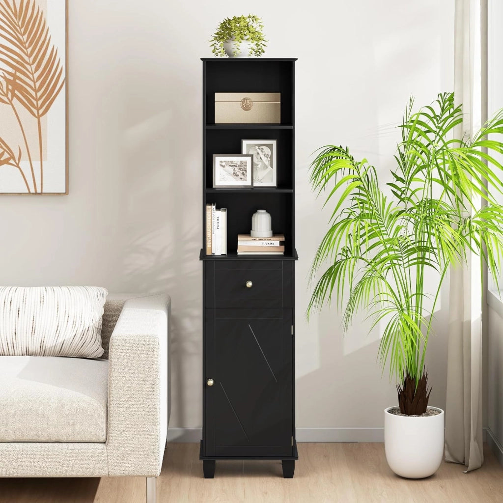 Mobile da bagno alto 172 cm, colonna bagno con 3 ripiani aperti, 1 cassetto, 1 anta e ripiano regolabile, salvaspazio, mobile portaoggetti per cucina, soggiorno (nero)