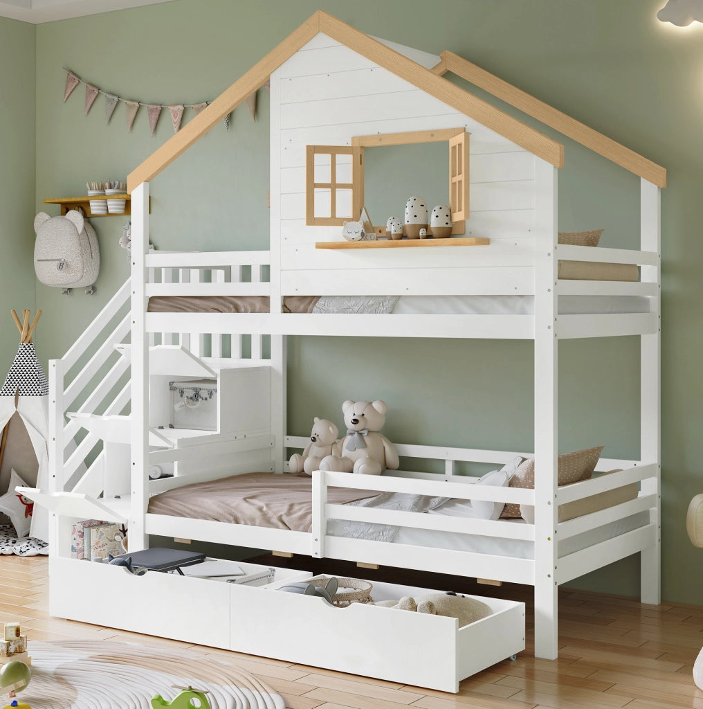 Letto a castello 90x200 cm con cassetti bianco e naturale