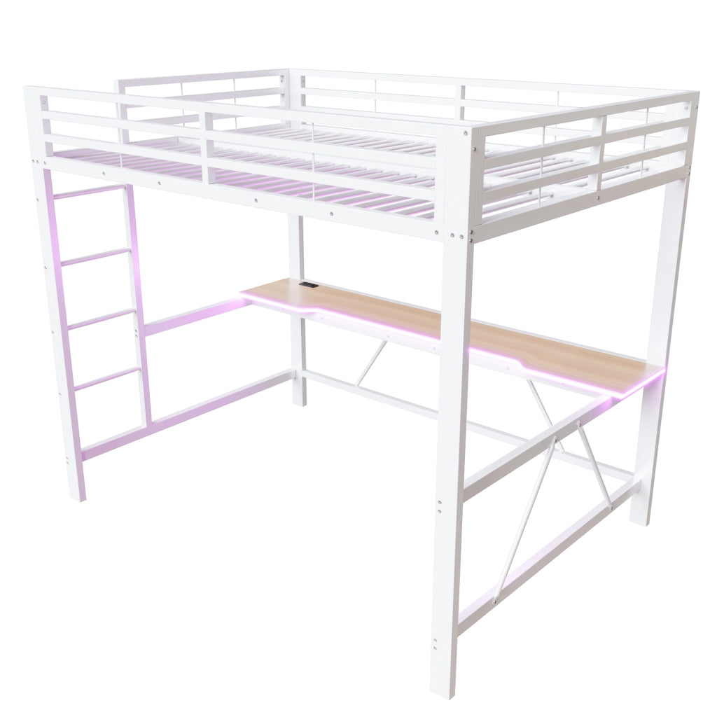 LETTO a soppalco gaming 140x200 cm in metallo e MDF bianco con scrivania e LED