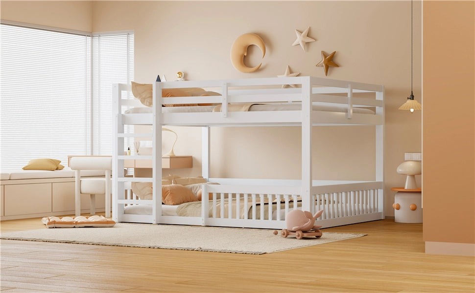 DESMIU Letto a castello 4 posti con sponde, 160 × 200 cm e 160 × 200 cm, senza materasso, in MDF e pino, bianco