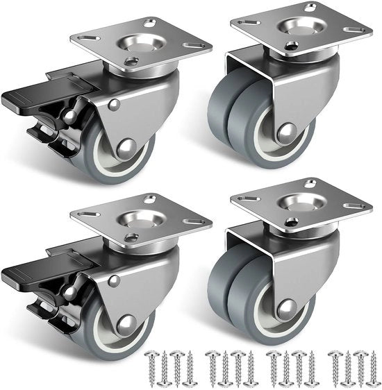 Pneumatici per mobili da 50 mm con freno di sicurezza. Set di 4 pneumatici da carico pesante (2 con freno e 2 senza), adatti per sedie da giardino con un carico massimo di 400 kg.