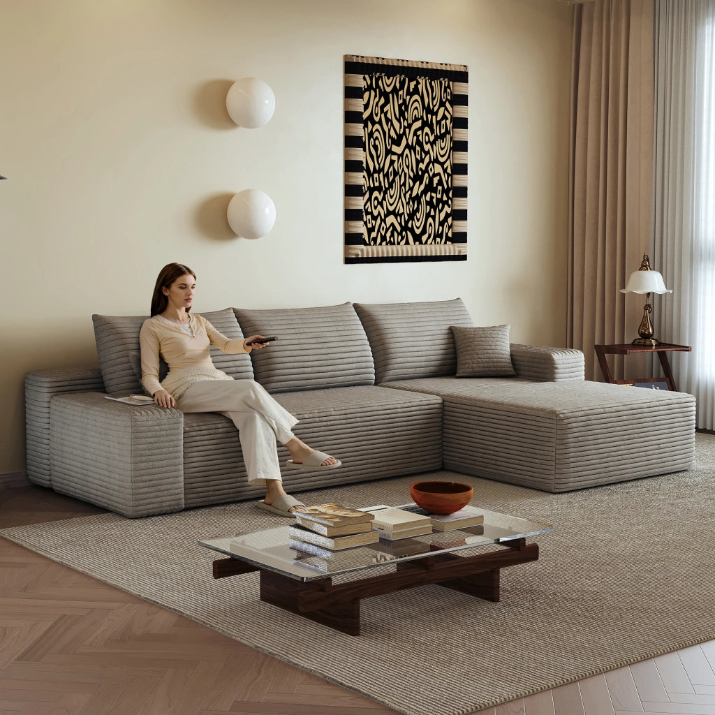 Divano angolare modulare con chaise longue e schiuma elastica in velluto a coste rigato camel