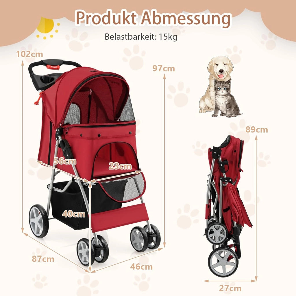 Passeggino per Cani e Gatti Pieghevole Fino 15 kg, Carrello per Animali Domestici, Trasportino Carrozzina Portatile da Viaggio e Passeggio con Tettuccio per Cuccioli, 87 x 46 x 102 cm (Rosso)