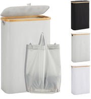 Wascuccia 48L con coperchio Slanciata raccolta acqua con sacco per la lavanderia Raccolta acqua pieghevole Cassettiera per la lavanderia in legno di bambù Cestelli per la lavanderia alti, grigio