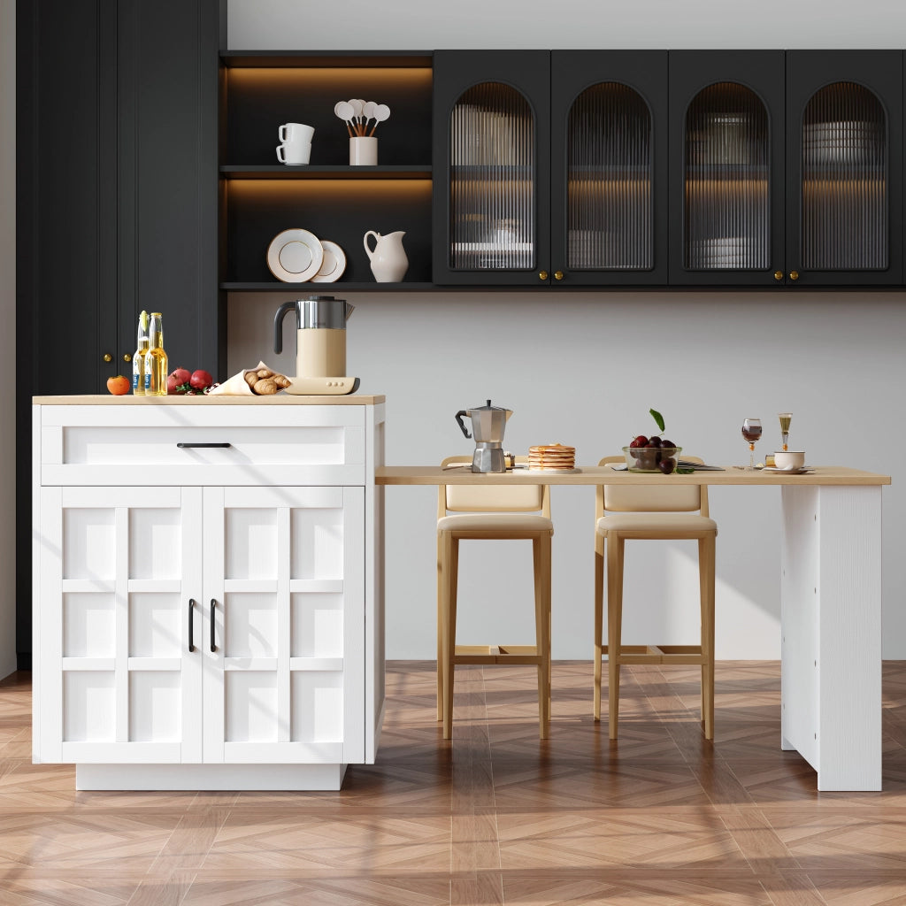 OKWISH Tavolo Bar da Cucina con Contenitore, Piano Allungabile, 1 Cassetto e Vani Aperti, per Cucina, Bianco