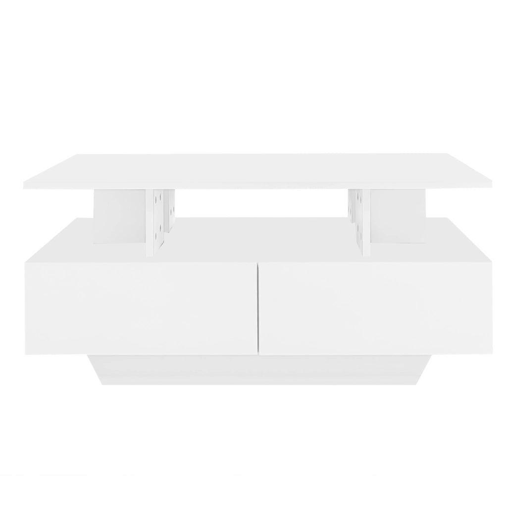 Tavolino da salotto moderno lucido con LED; 2 cassetti; 90x55x41 cm; bianco