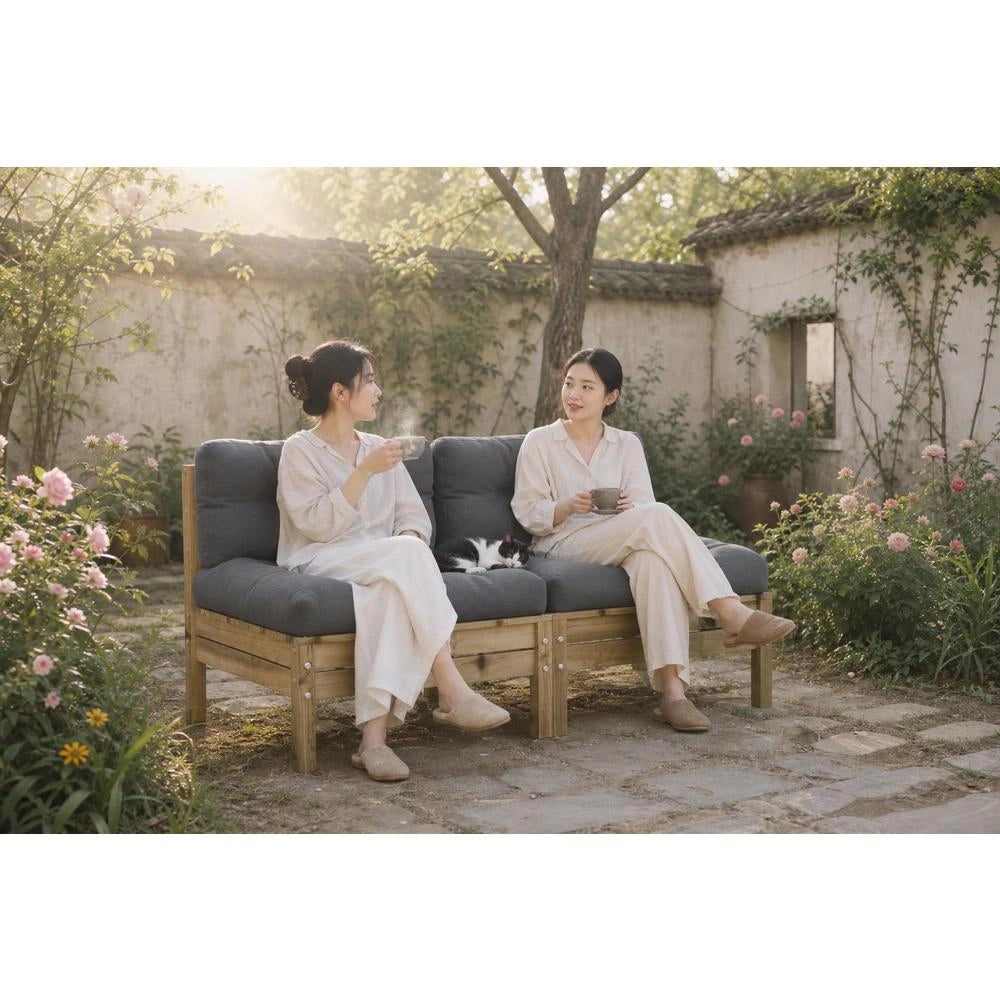 Garden Sofa Without Armrests, With 2 Cushions, Pine Wood