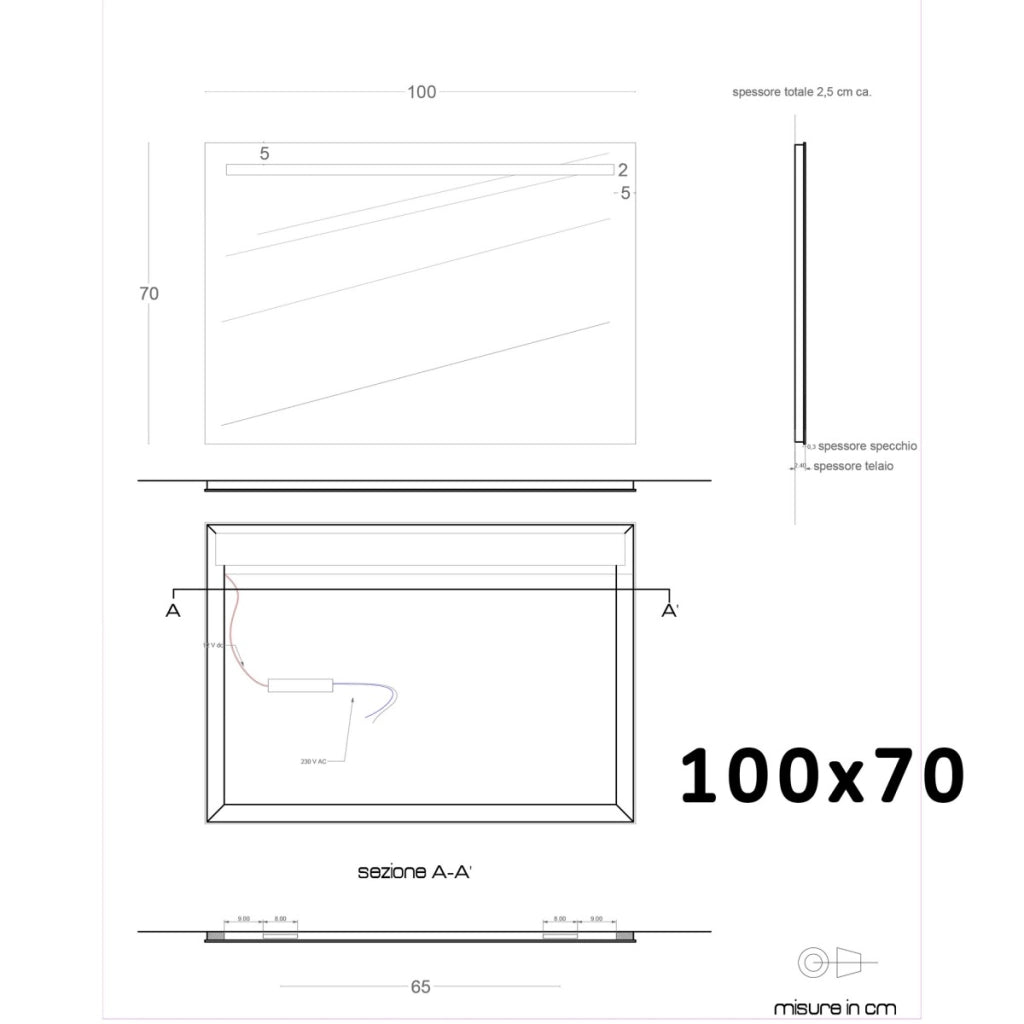 Specchio led bagno per mobile filo lucido 4 debby, misura 100x70
