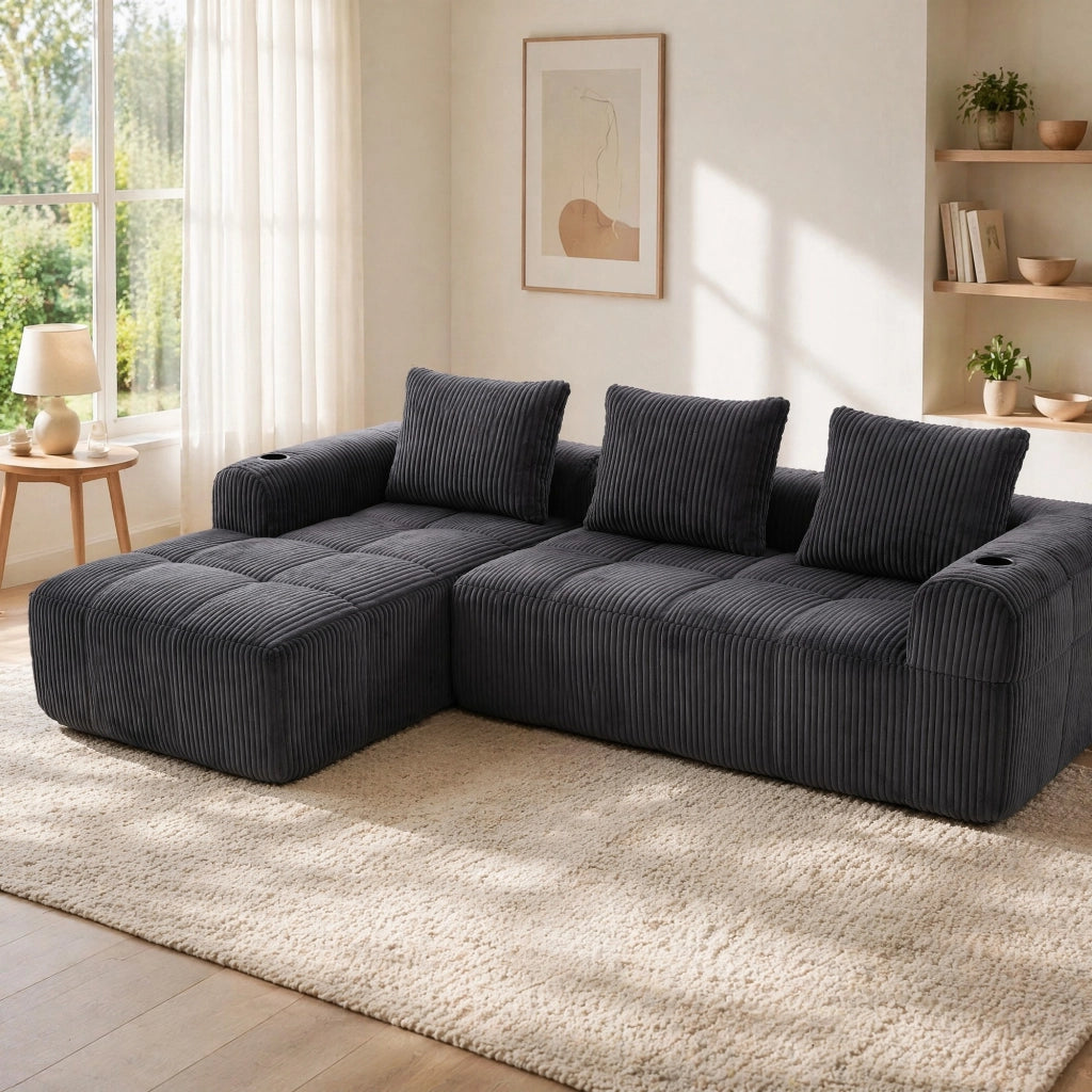 Divano Modulare con Tasche Laterali e Portabicchieri, 3 Cuscini, in Corduroy Grigio Scuro, 253 × 158 × 61 cm