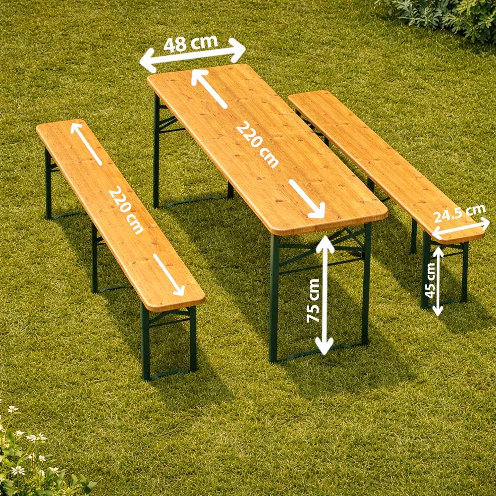 Set Birreria con Tavolo 220 cm e 2 Panche Legno Abete Interno Esterno Pieghevole