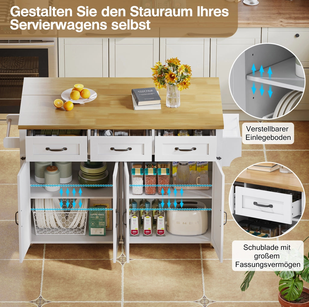 Isola da cucina mobile con piano ribaltabile, bianco e naturale