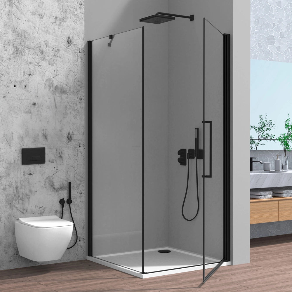 Box doccia angolare 70x70 in vetro temperato trasparente battente con profili nero opaco Neos