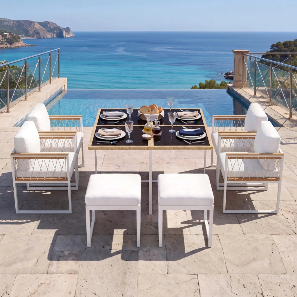 Set da pranzo da esterno 6 posti con tavolo 117x117 cm; vetro temperato e dettagli rattan