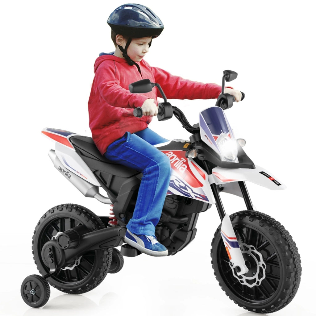 Moto cavalcabile per bambini con licenza aprilia e 2 ruote aggiuntive, Moto elettrica 12V con musica Bianco-Moto elettriche