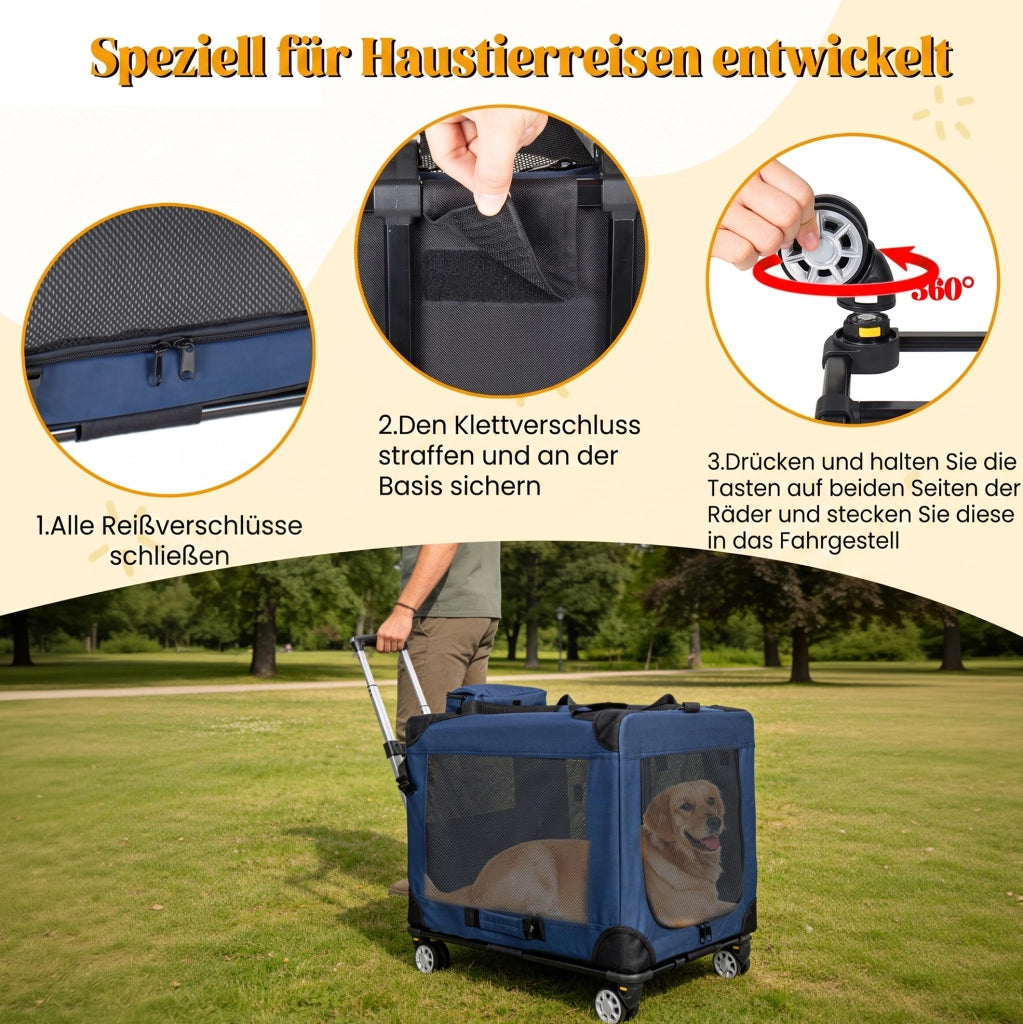 Trasportino pieghevole per cani 60 cm con ruote; 3 porte in rete; blu scuro