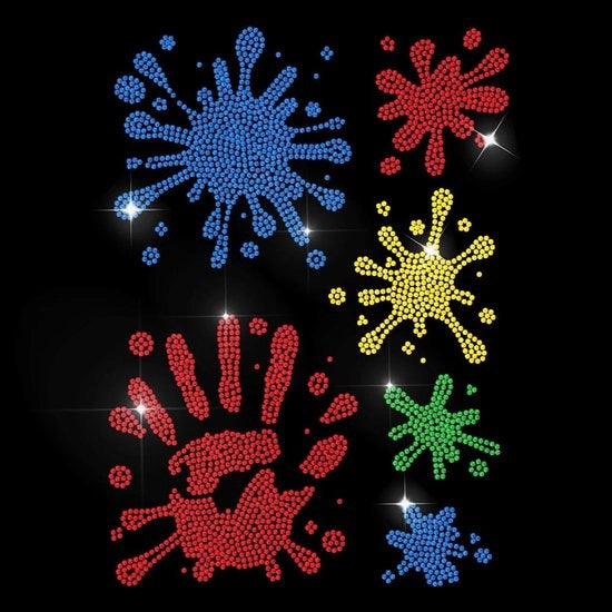 Sticker opstrijkbare - Verfspatten colorati - Strass-Steentjes - Trasferimento termico - Per T-Shirt/Giubbotto - Dimensioni 29,7 x 21 cm - Transferstickers