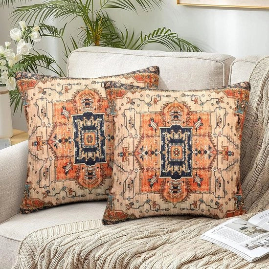 Set di 2 cuscini copri, 45 x 45 cm, stile bohemien indiano, chiusura a zip, design rurale, autunno, copricuscino decorativo per salotto.