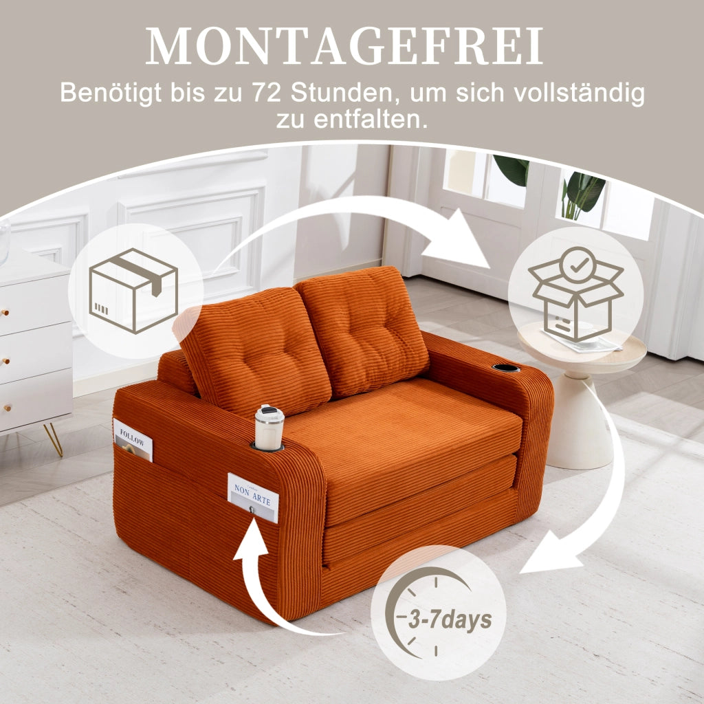 Divano modulare a due posti in velluto a coste con braccioli portabicchieri e tasche laterali arancione 136 × 80 × 82,5 cm