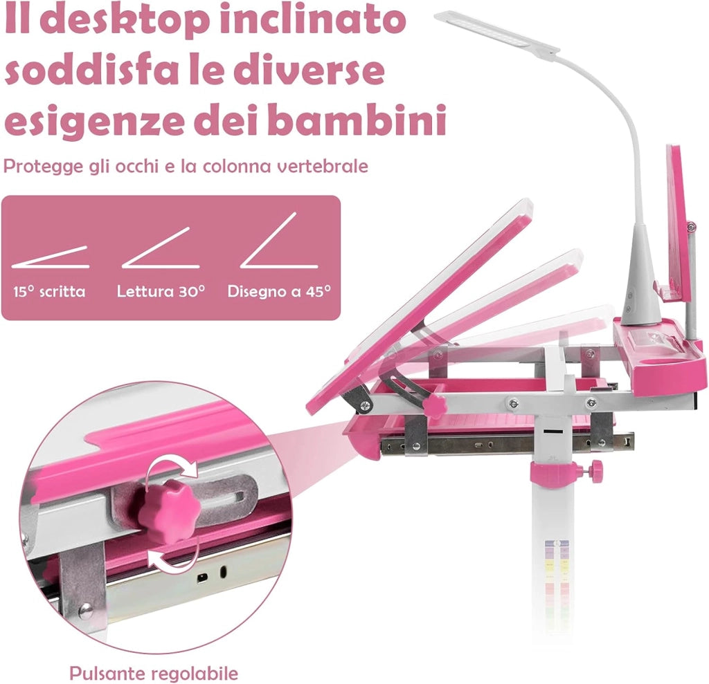 Set Scrivania e Sedia per Bambini, Tavolo Regolabile in Altezza con Piano Inclinabile 45° e Luce LED 3 Modalità, Tavolo e Sedia Ergonomica in Materiali Sicuri per 4+ Anni (Rosa)