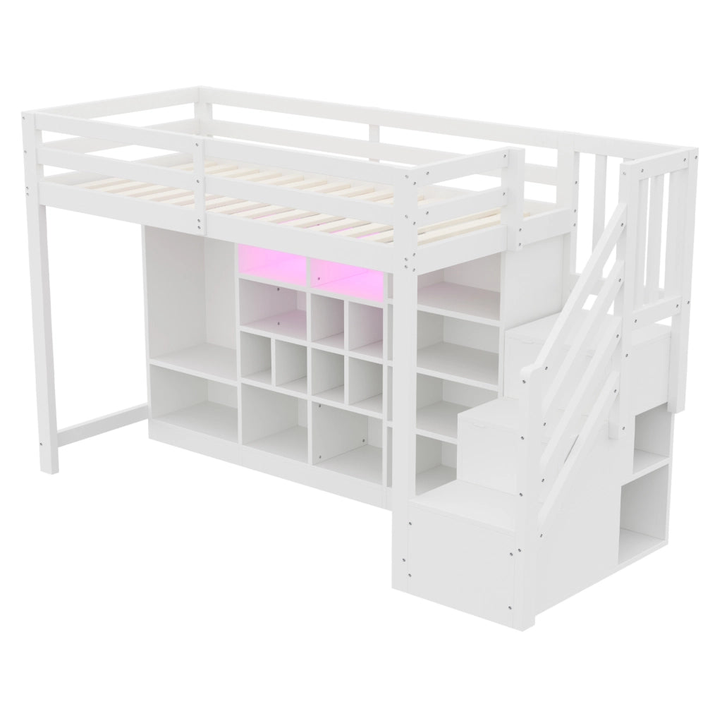 Letto a soppalco 90x200 cm con spazio contenitivo, scala laterale e LED