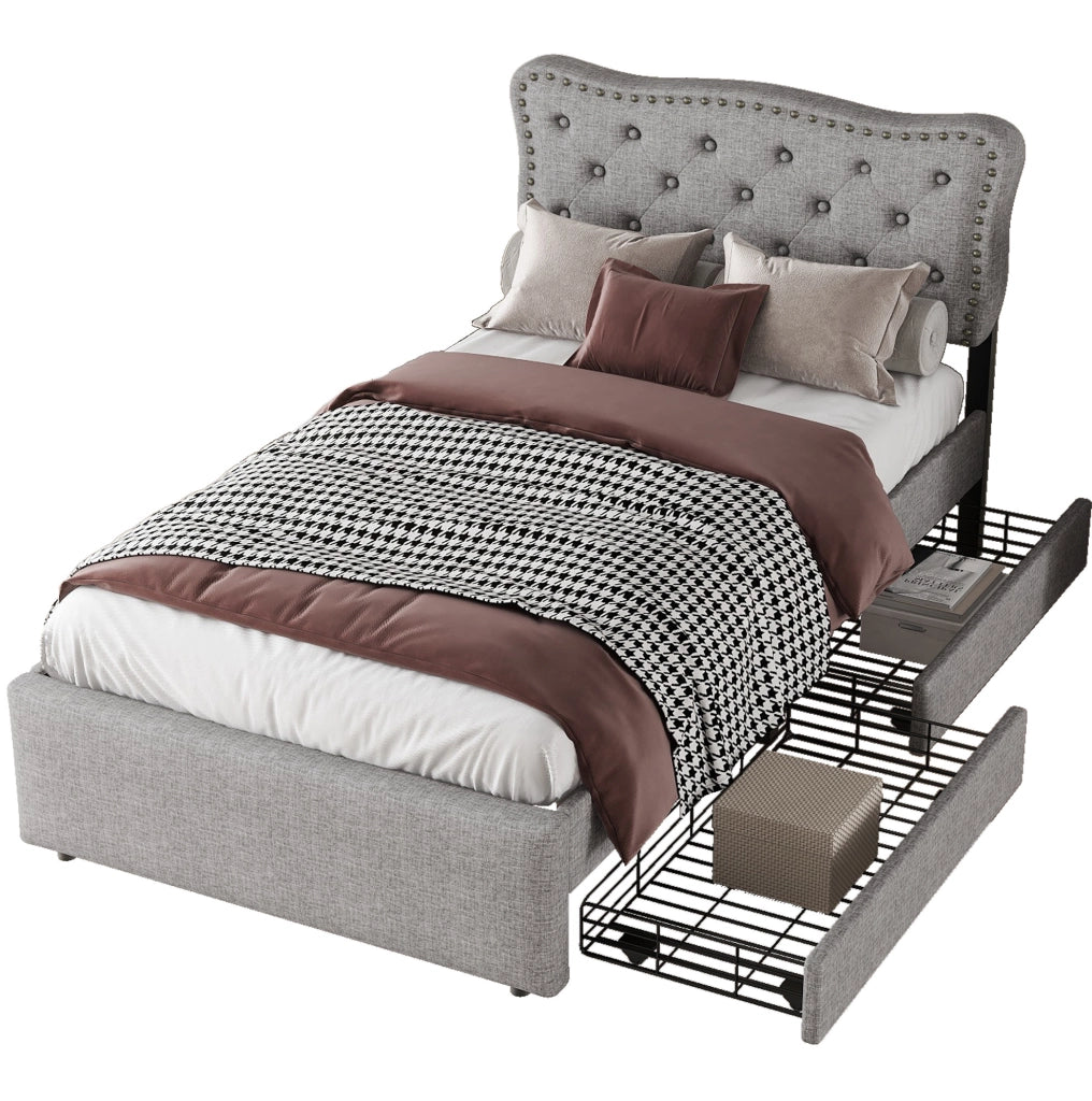 Letto imbottito 90x200 cm; cassetti; testiera regolabile; MDF e lino; grigio