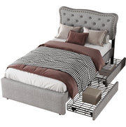 Letto imbottito 90x200 cm; cassetti; testiera regolabile; MDF e lino; grigio