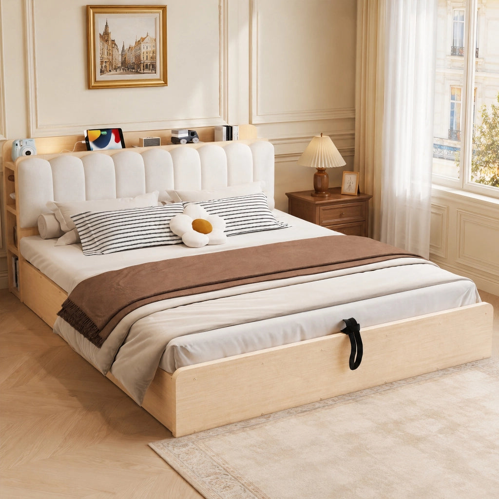 LETTO 180x200 cm in legno con contenitore idraulico, testiera imbottita, colore legno naturale