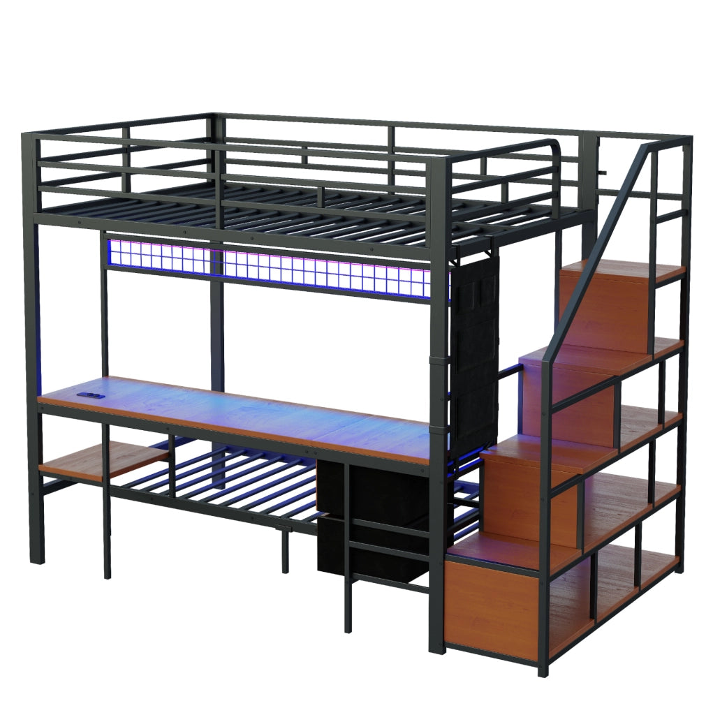 Letto a soppalco ULEVR 140x200 cm con letto inferiore 90x200, scrivania, LED e prese, metallo e MDF