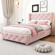 Letto imbottito 90x200 cm in velluto rosa con testiera capitonné e rete a doghe