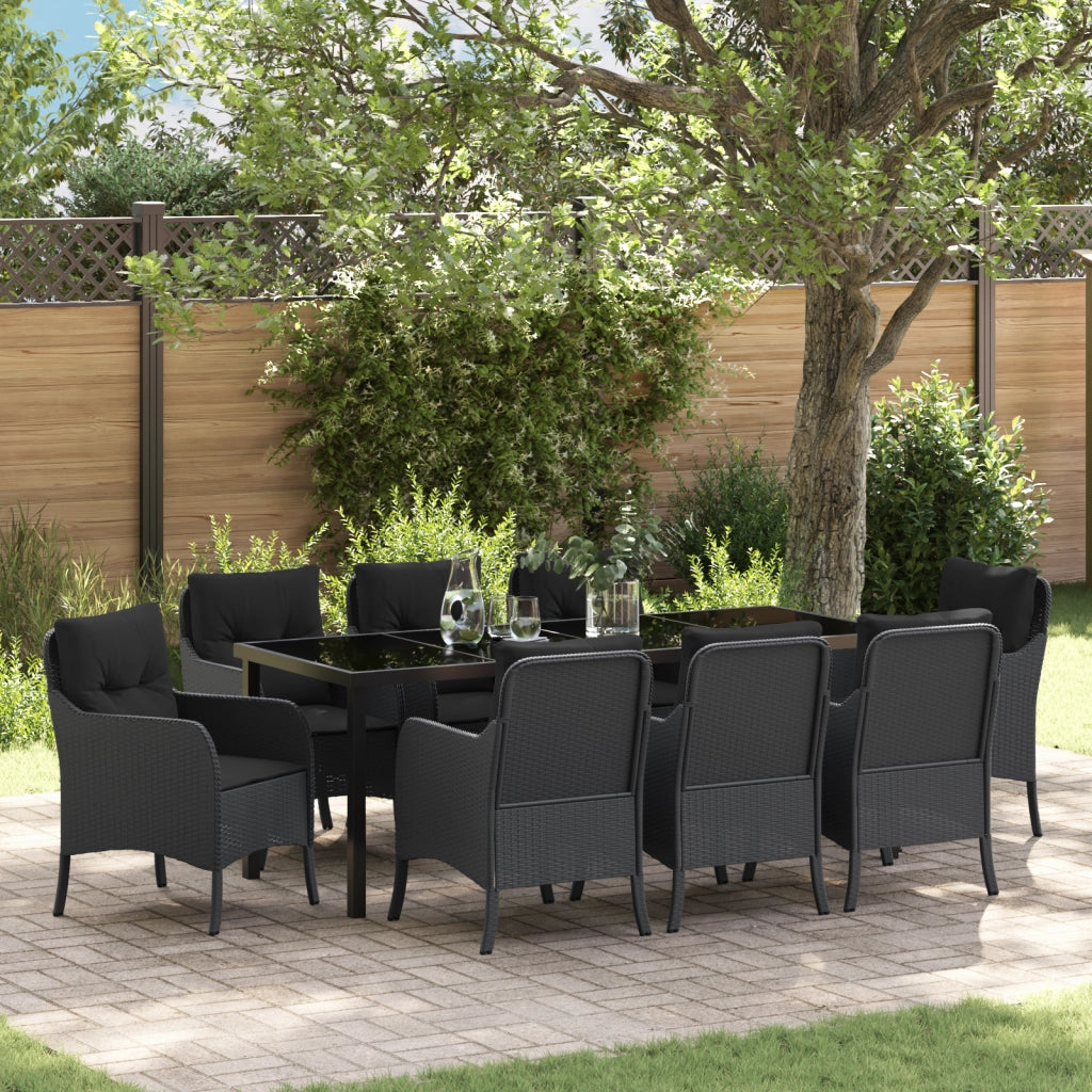 Set da Pranzo da Giardino da 9 Pezzi con Cuscini Nero Rattan Polimerico