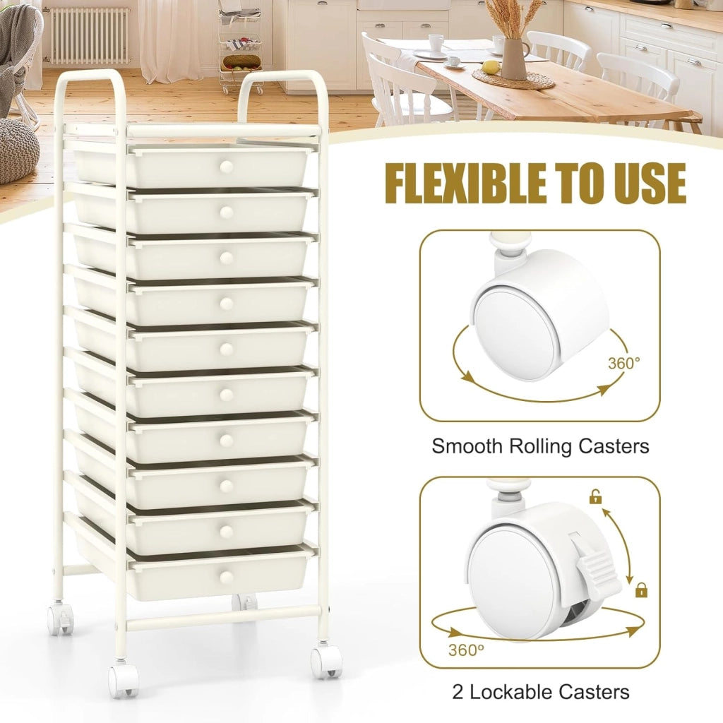 Carrello Portaoggetti con 10 Cassetti, Telaio in Metallo e Struttura in Plastica, 4 Ruote di cui 2 con Freno, Organizer Multiuso per Ufficio, Cucina e Bagno, 33 x 37 x 86 cm