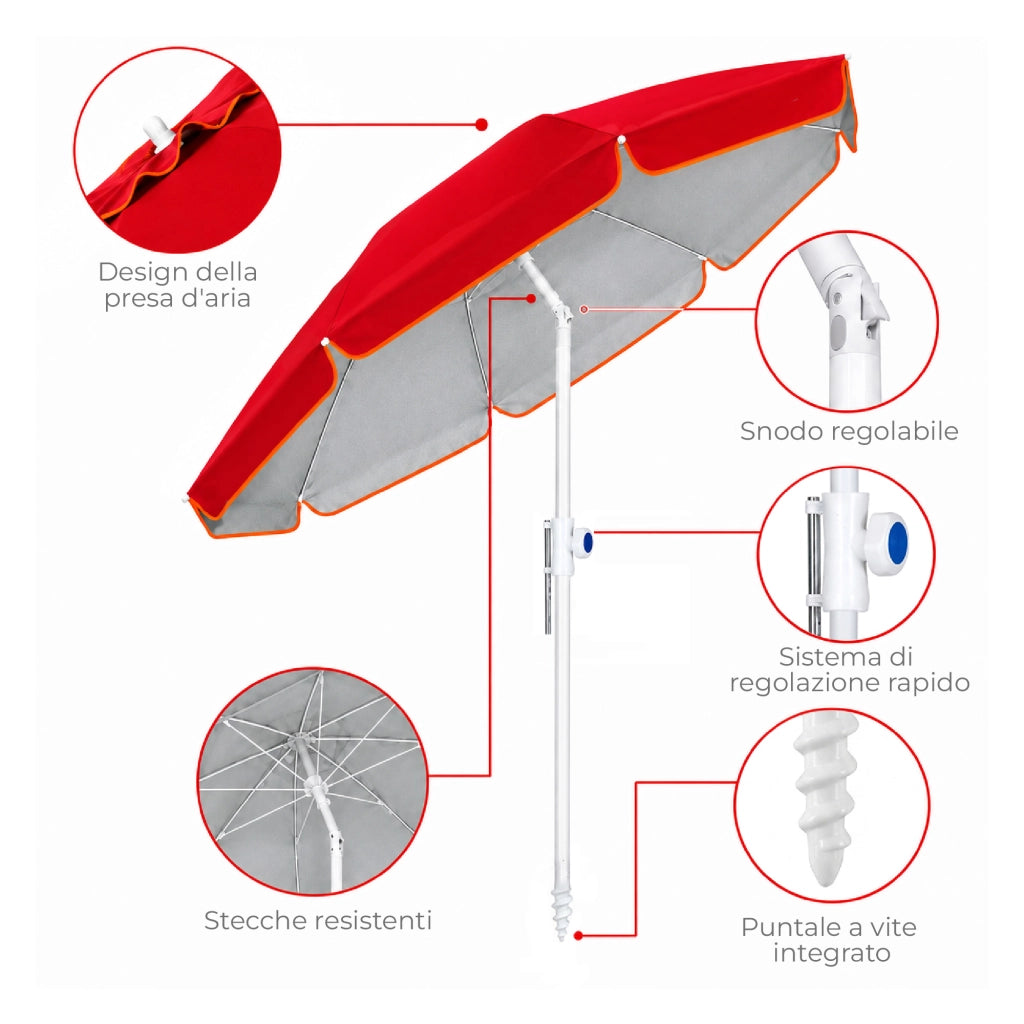 Ombrellone Mare Maxi 220 cm con Protezione UV, Palo a Vite e Inclinazione Regolabile, Parasole da Spiaggia con Presa d'Aria Antivento, Stecche Resistenti e Custodia Trasporto Rosso