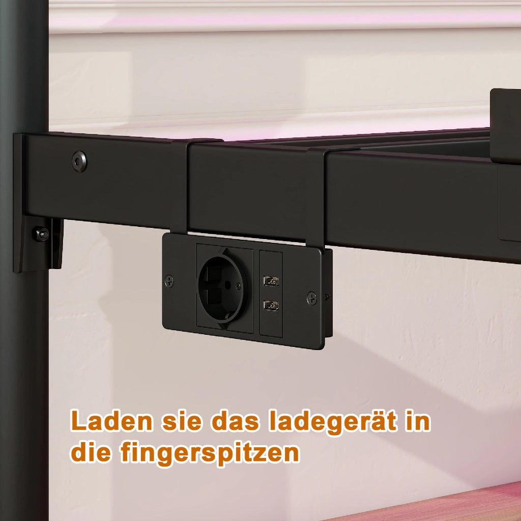 Letto singolo 120 × 200 cm con testiera e pediera alte, LED, 2 USB et presa, senza materasso, nero