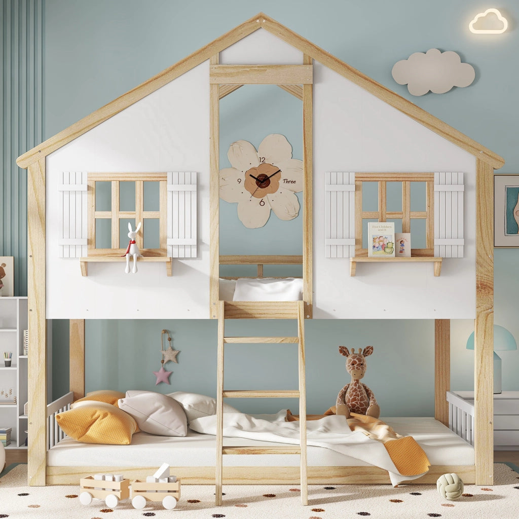 Letto a castello per bambini con tetto e finestre 90x200 cm