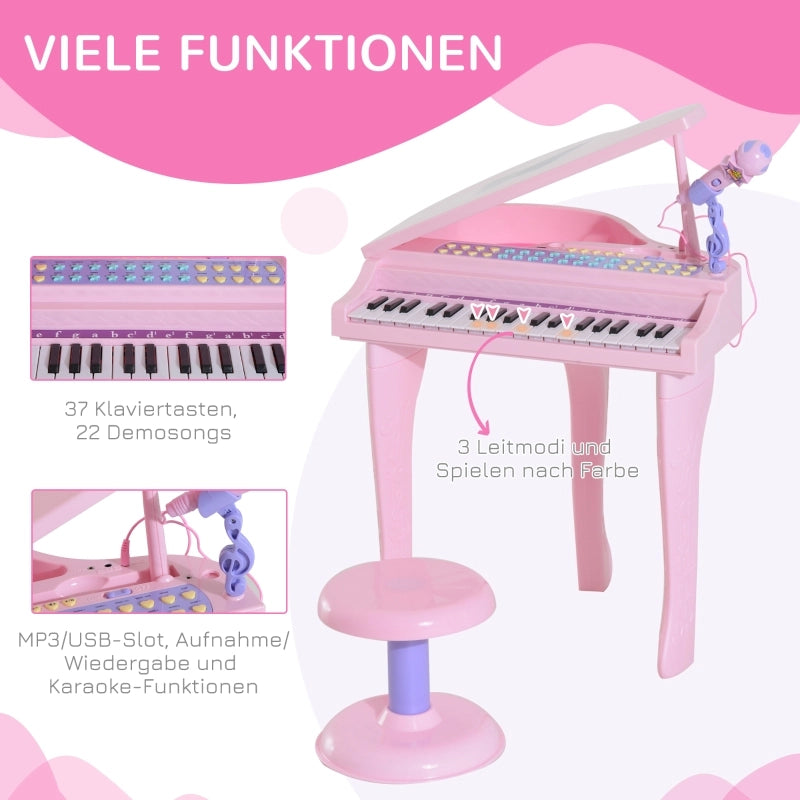 Tastiera per bambini con 37 tasti, sgabello con pianoforte e microfono, modalit¨¤ di apprendimento a LED, funzione di registrazione, strumento