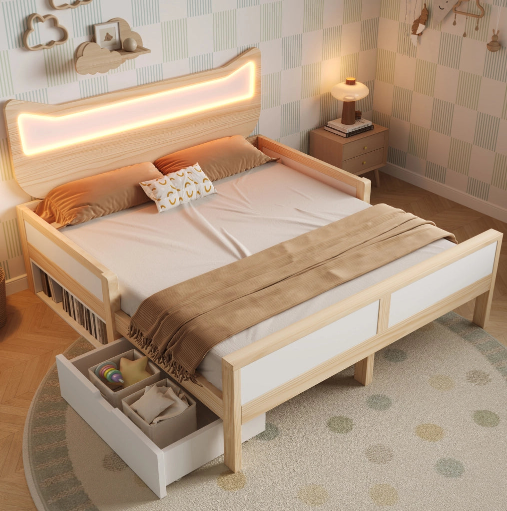 Letto per bambini 140x200 cm con testiera a forma di gatto; LED RGB; legno bianco e rovere