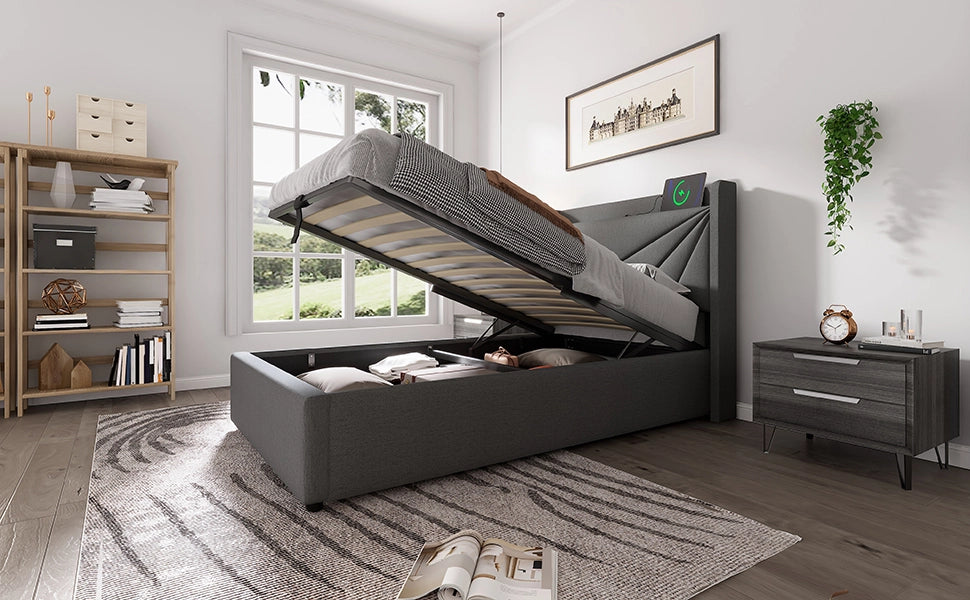 DESMIU Letto contenitore letto singolo 1 posto con USB, Tipo-C e testiera geometrica 90 × 200 cm, senza materasso