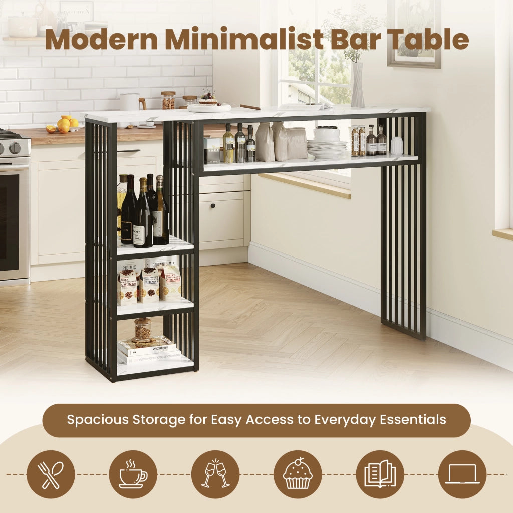 Tavolo da pranzo con 3 ripiani e piano in MDF effetto marmo, in metallo, per cucina, bianco nero, 140 × 40 × 105 cm