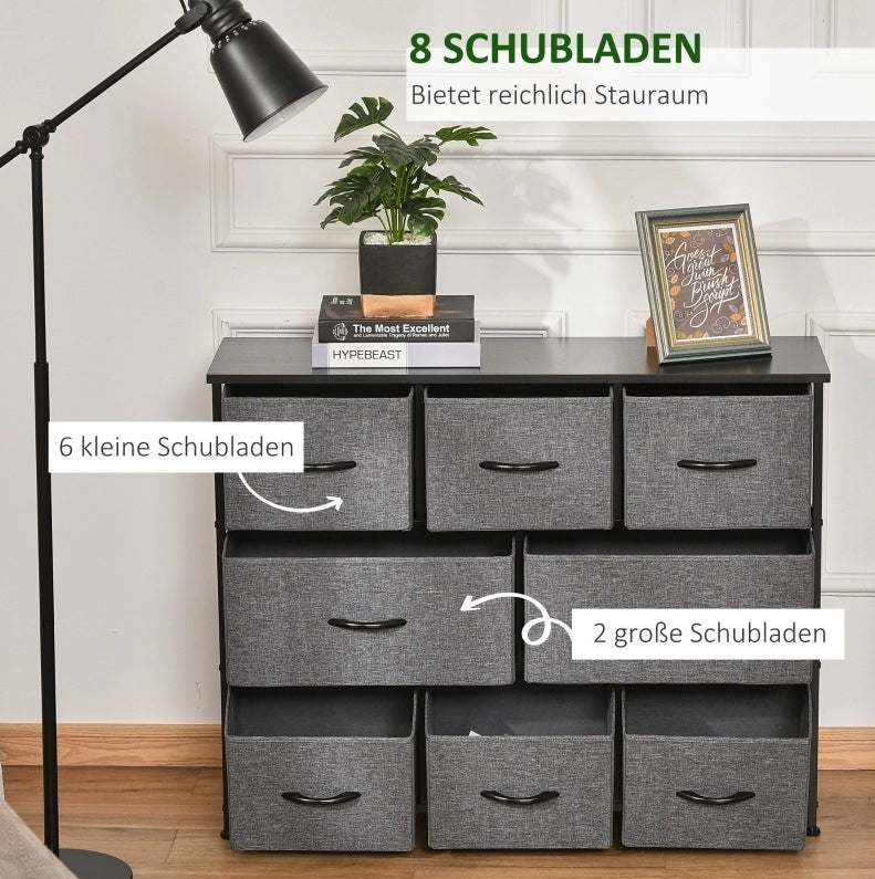 Kommode mit 8 Stoffschubladen und Metallgestell, 100x30x78,5 cm, Dunkelgrau