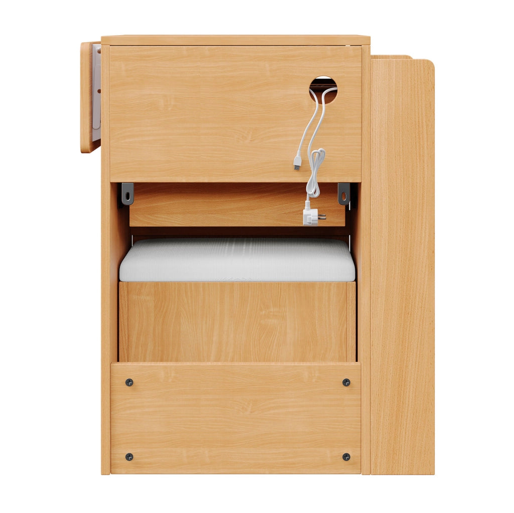 Toeletta compatta con specchio LED pieghevole, prese integrate e sedia con rotelle