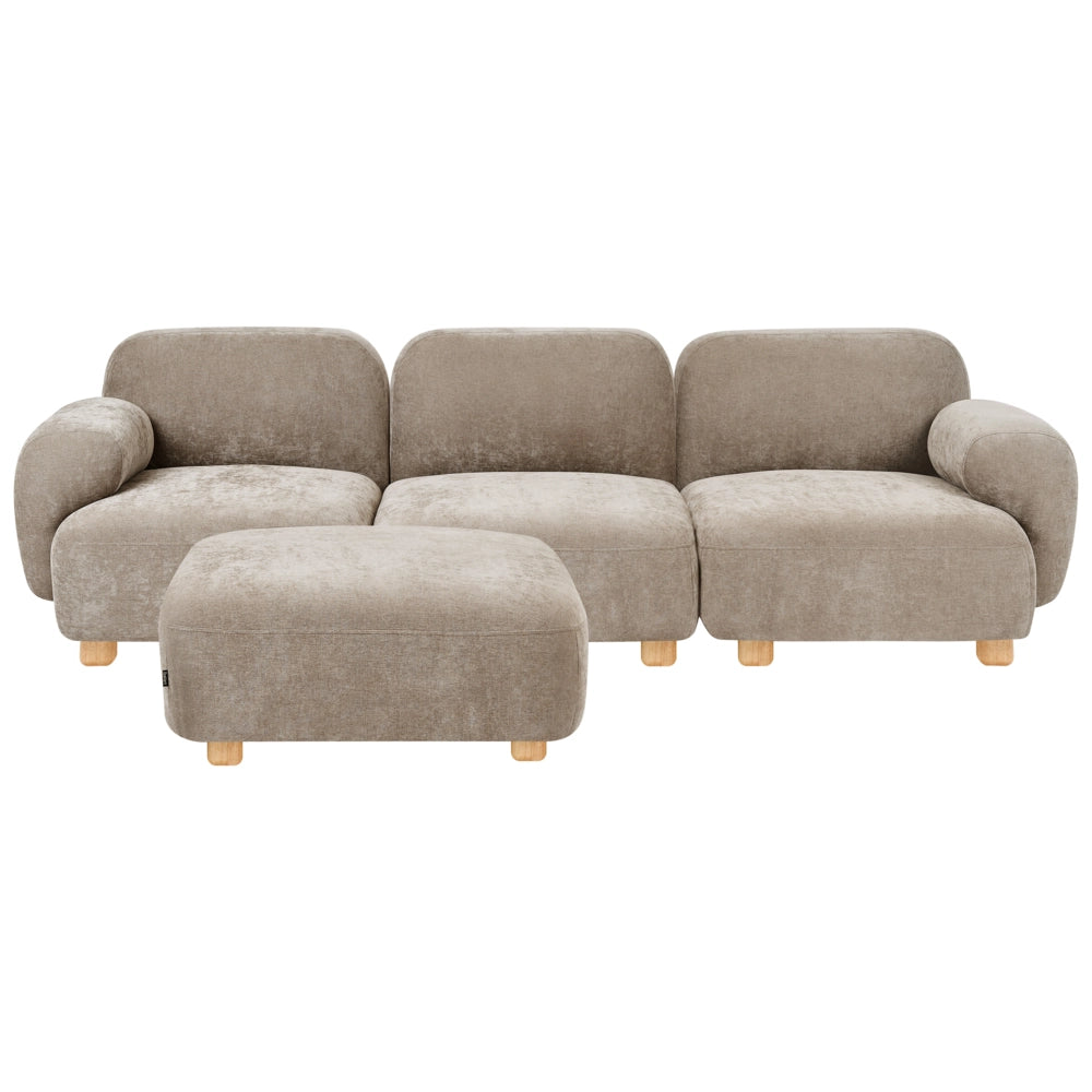 Divano modulare a 3 posti in tessuto con pouf tre elementi idrorepellente gambe in legno beige stile moderno
