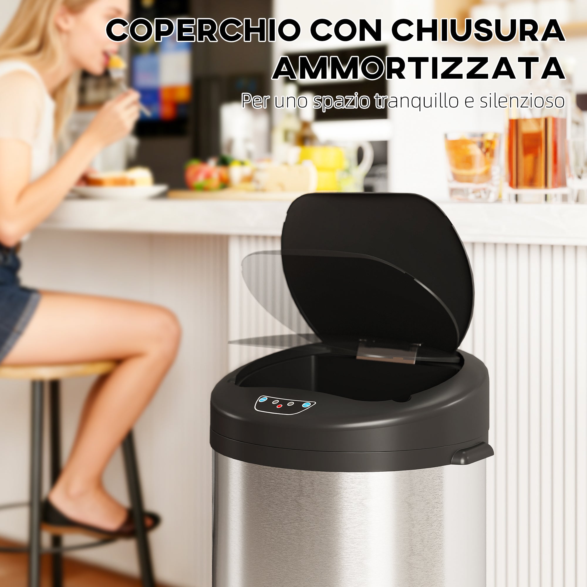 Pattumiera 32x30x72.5 cm Capacità da 55L con Sensore per Apertura Automatica e Chiusura Ammortizzata Argento