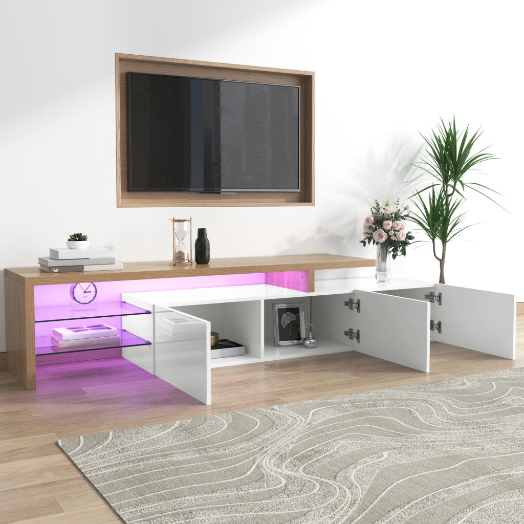 Mobile TV 3 ante, nicchie e LED per soggiorno, in MDF e vetro, naturale e bianco, 197.5 × 39 × 42 cm