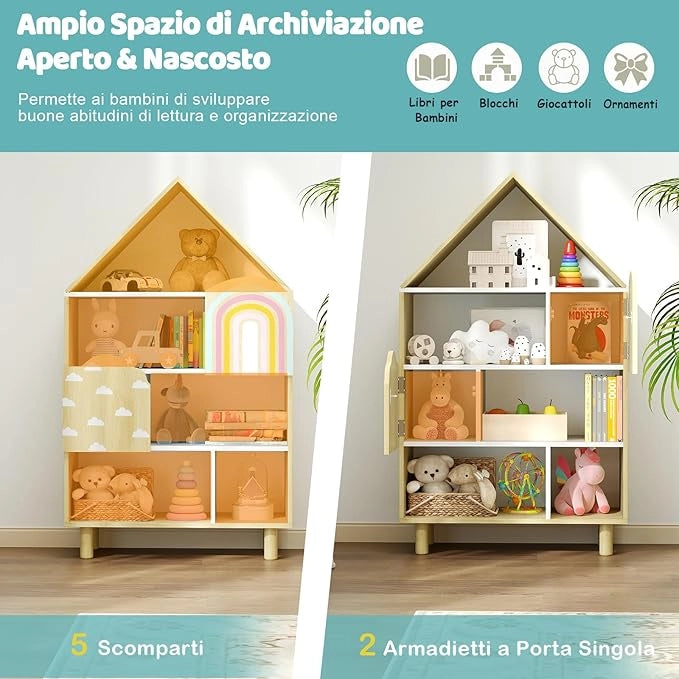 Scaffale per Bambini a Forma di Casa, Libreria Multiusa con 2 Ante, Sistema Anti-ribaltamento e Gambe in Legno per Sala Giochi Asilo Camera da Letto, 60 x 30 x 103 cm