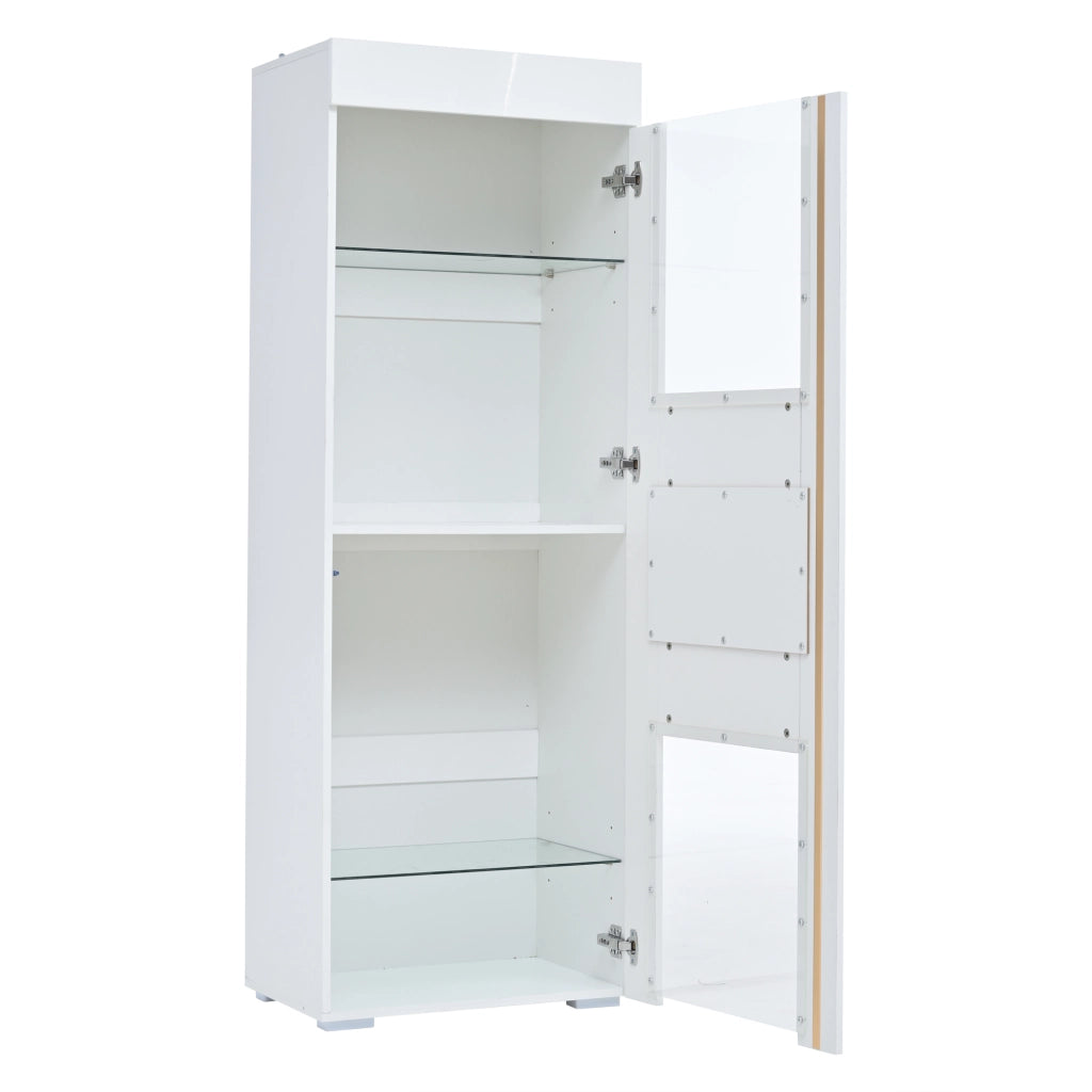 Vetrina con LED e 1 anta, 4 vani e ripiani regolabili, per soggiorno, in MDF e vetro, bianco, 60 × 40 × 170 cm